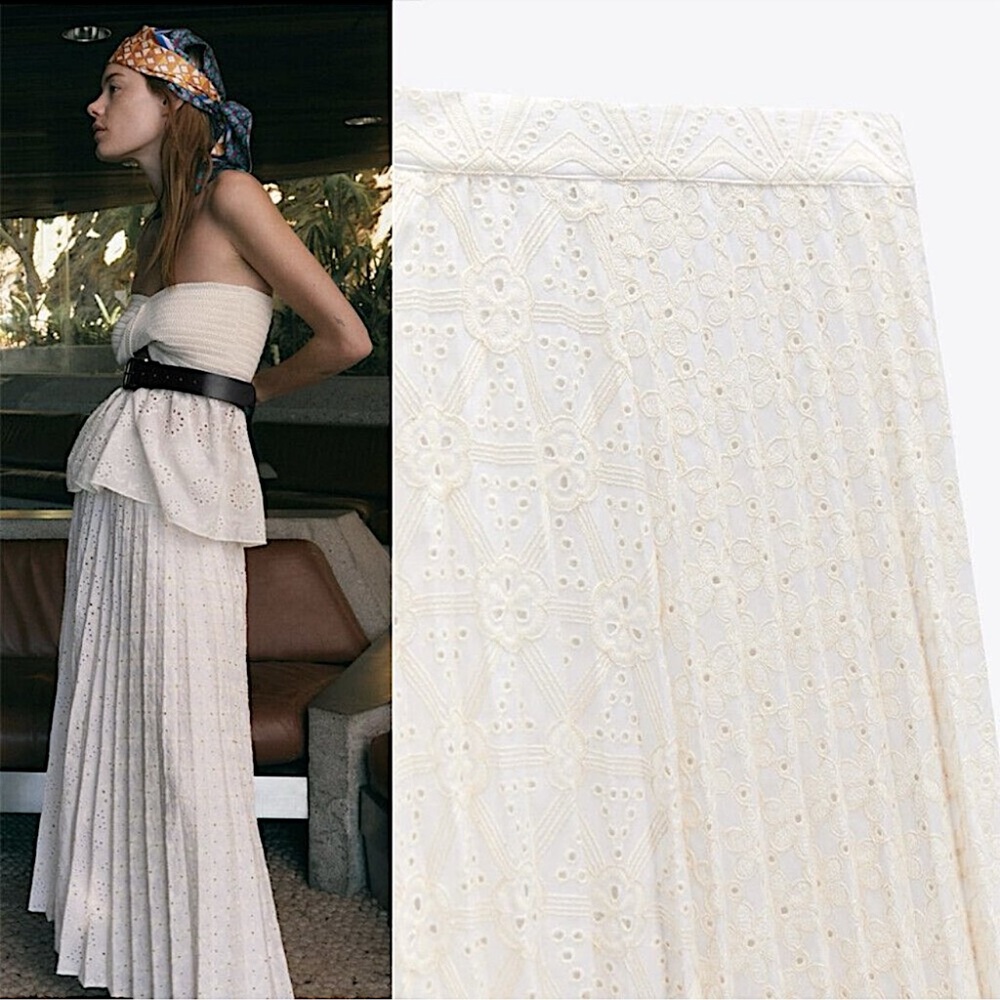 ZARA Embroidered Eyelet Pleated Skirt in Cream size XSmall